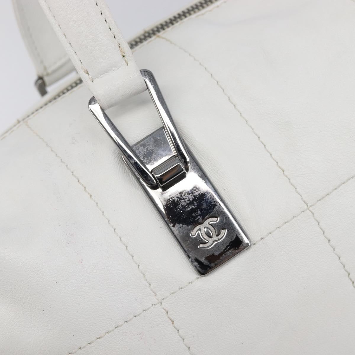 CHANEL Choco Bar Boston Bag Leather White Silver CC Auth 203440V
