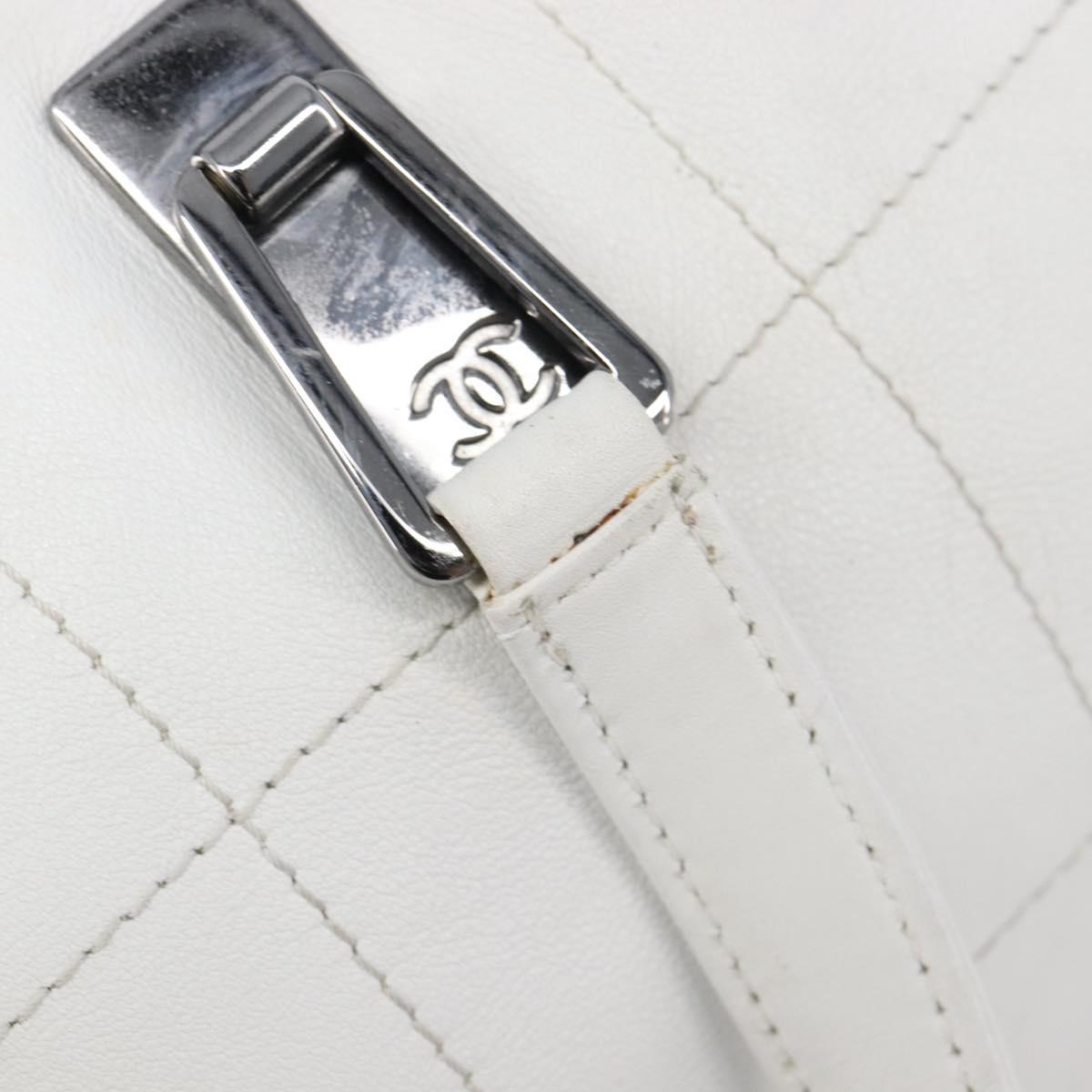 CHANEL Choco Bar Boston Bag Leather White Silver CC Auth 203440V