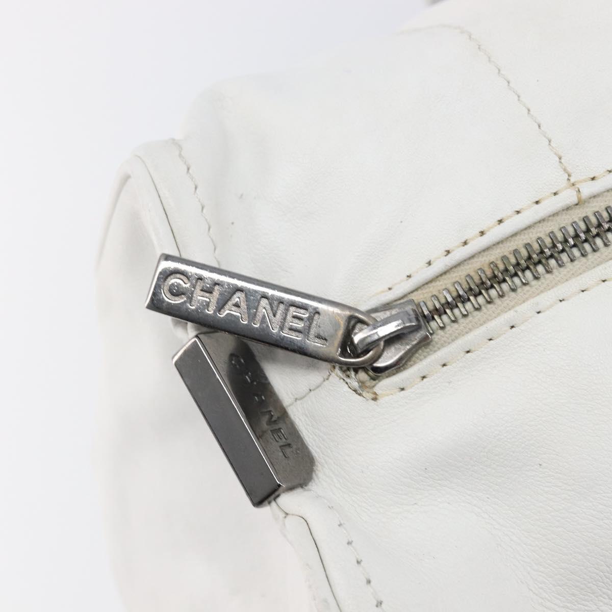 CHANEL Choco Bar Boston Bag Leather White Silver CC Auth 203440V
