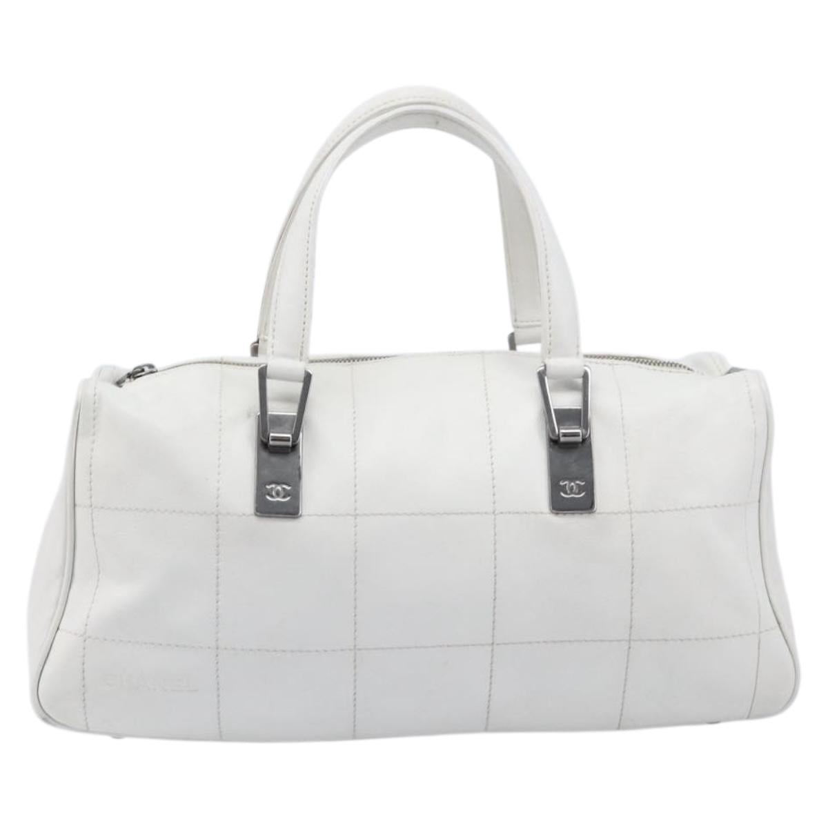 CHANEL Choco Bar Boston Bag Leather White Silver CC Auth 203440V