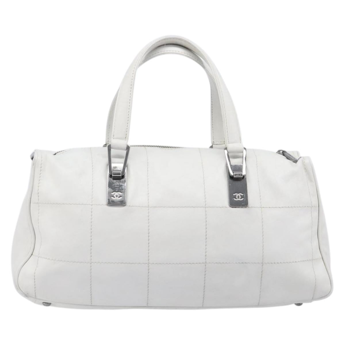 CHANEL Choco Bar Boston Bag Leather White Silver CC Auth 203440V