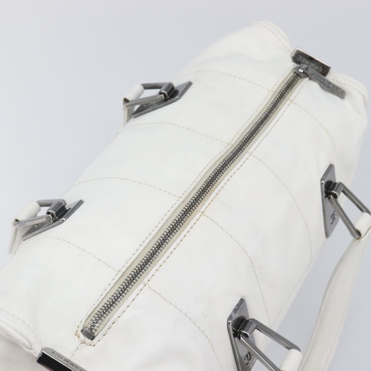 CHANEL Choco Bar Boston Bag Leather White Silver CC Auth 203440V
