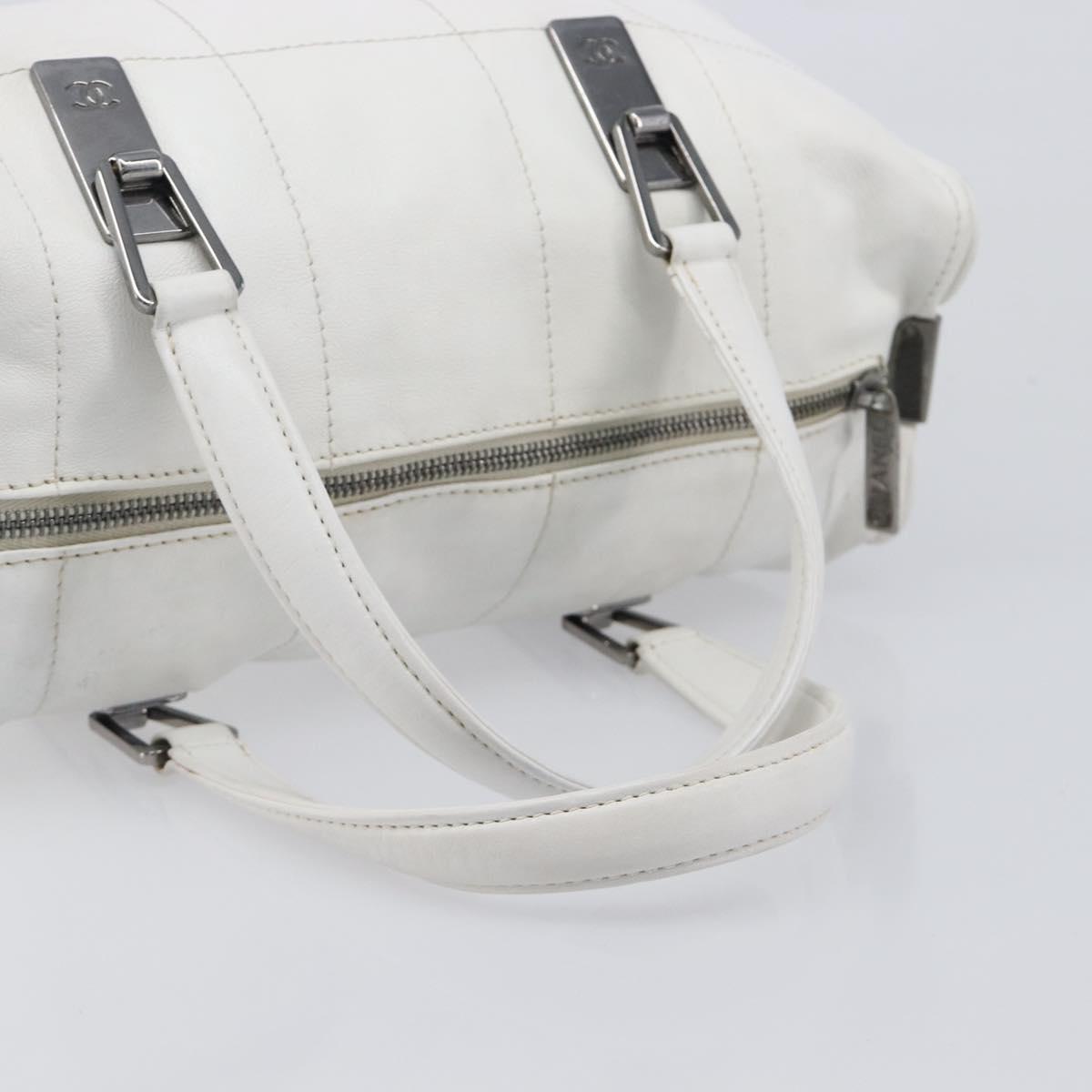 CHANEL Choco Bar Boston Bag Leather White Silver CC Auth 203440V