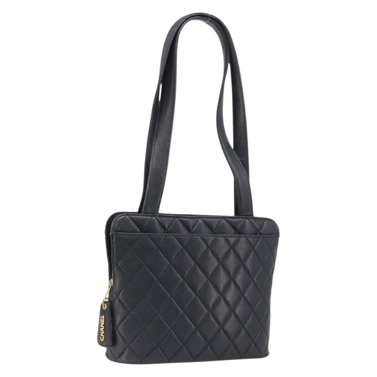 CHANEL Matelasse Tote Bag Lamb Skin Black Gold CC Auth 203447V