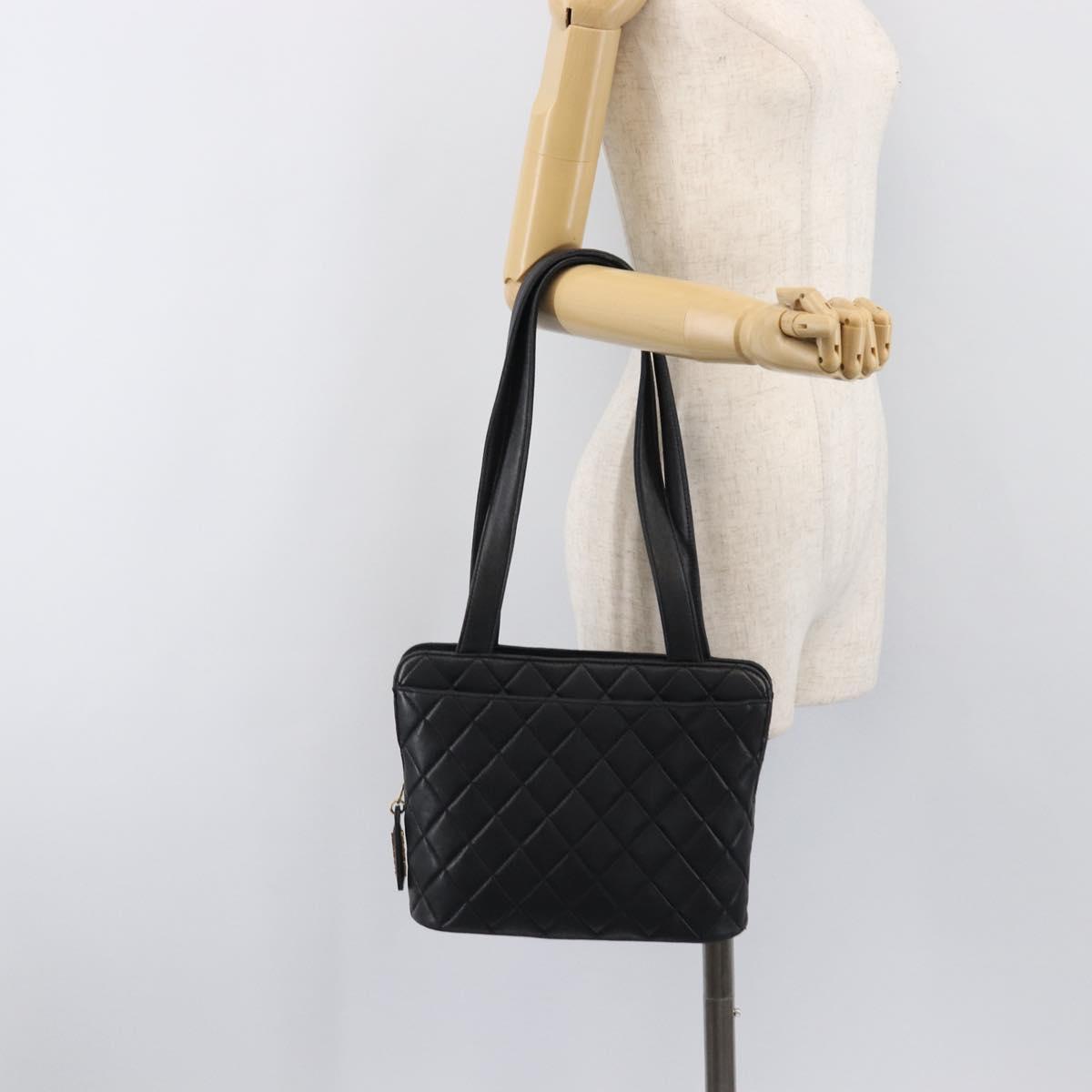 CHANEL Matelasse Tote Bag Lamb Skin Black Gold CC Auth 203447V