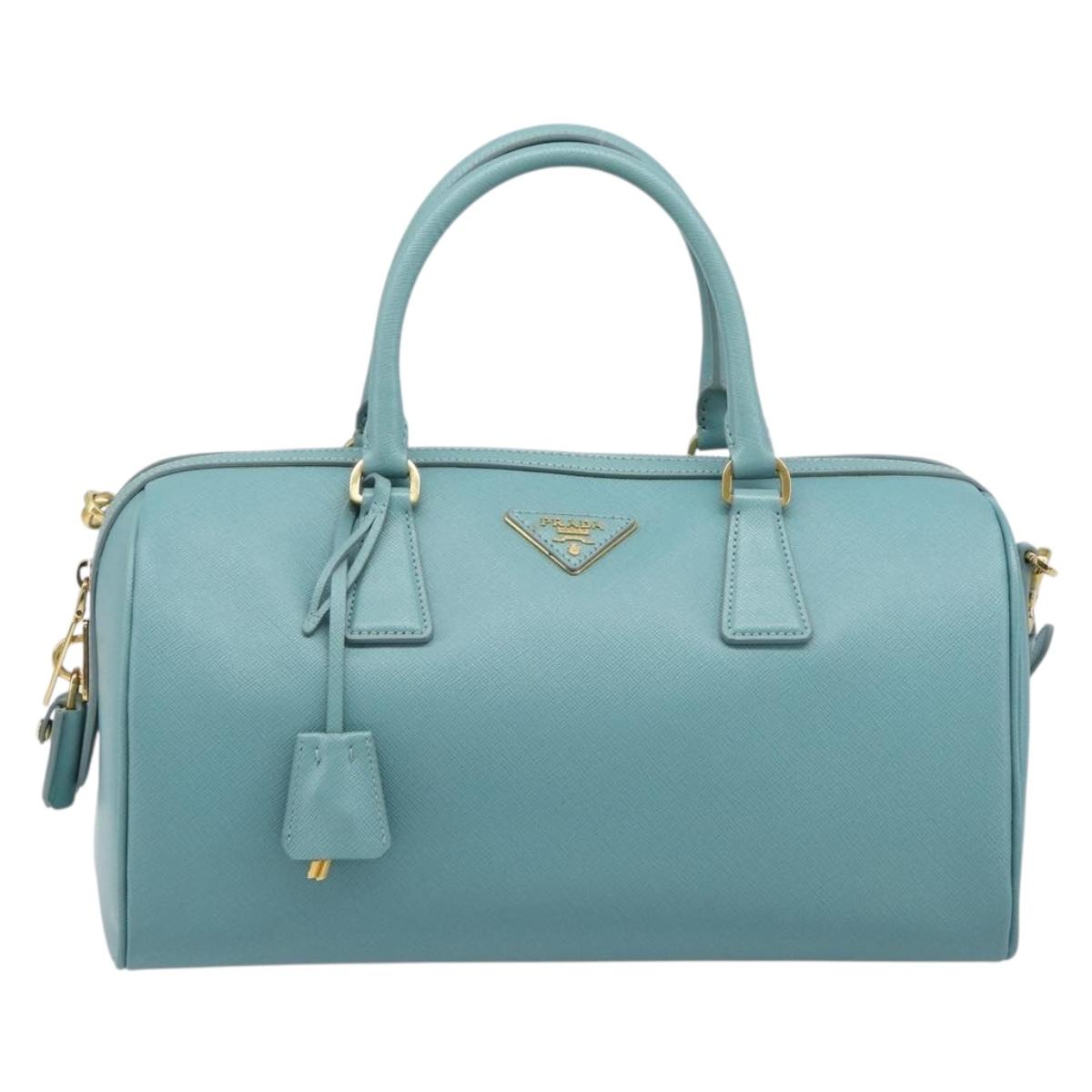 PRADA Boston Bag Saffiano leather 2way Light Blue Gold Auth 203450M
