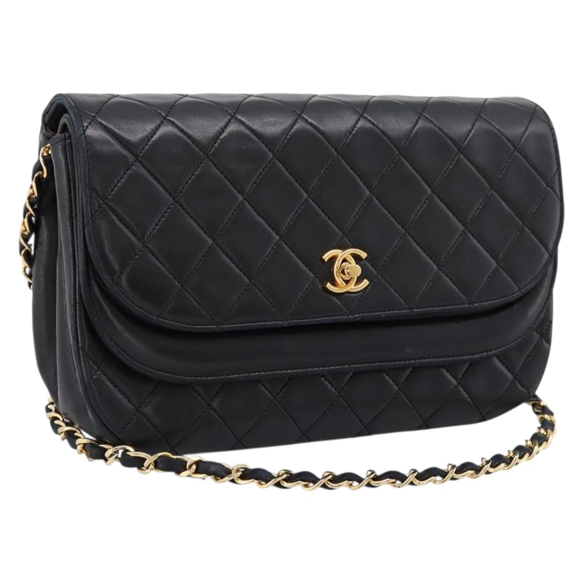 CHANEL Matelasse Chain Shoulder Bag Lamb Skin Black Gold CC Auth 203454V