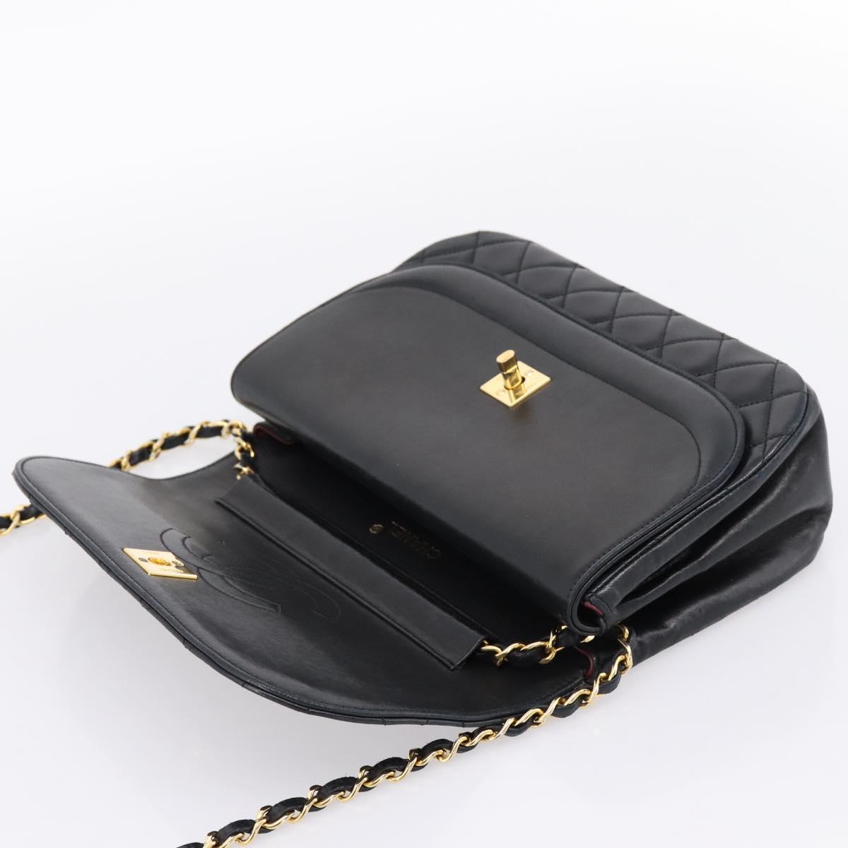 CHANEL Matelasse Chain Shoulder Bag Lamb Skin Black Gold CC Auth 203454V