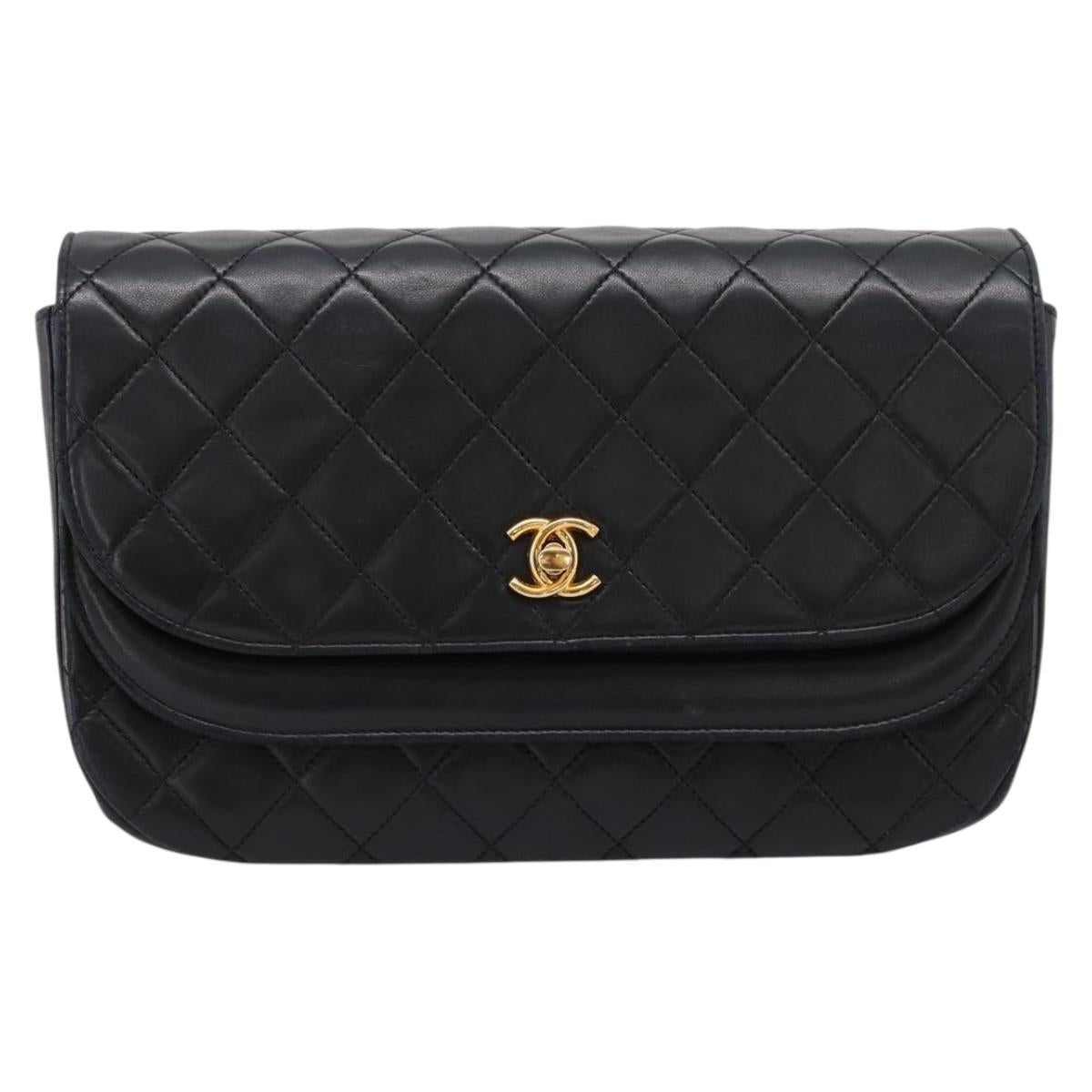 CHANEL Matelasse Chain Shoulder Bag Lamb Skin Black Gold CC Auth 203454V