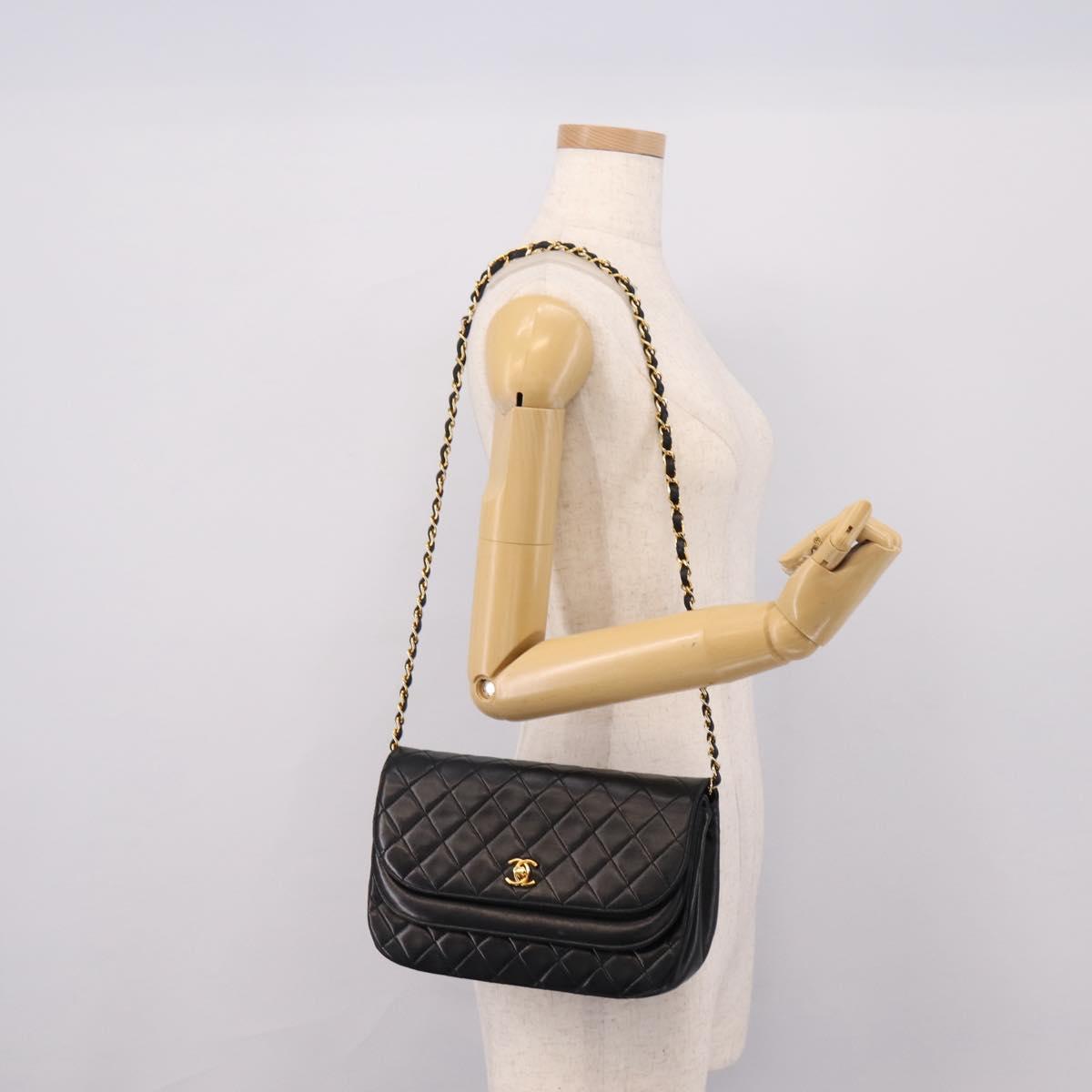CHANEL Matelasse Chain Shoulder Bag Lamb Skin Black Gold CC Auth 203454V
