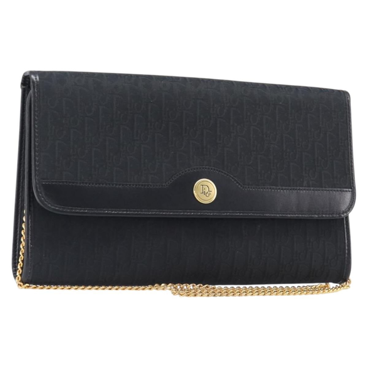 Christian Dior Trotter Canvas Chain Shoulder Bag Black Gold Auth 203456