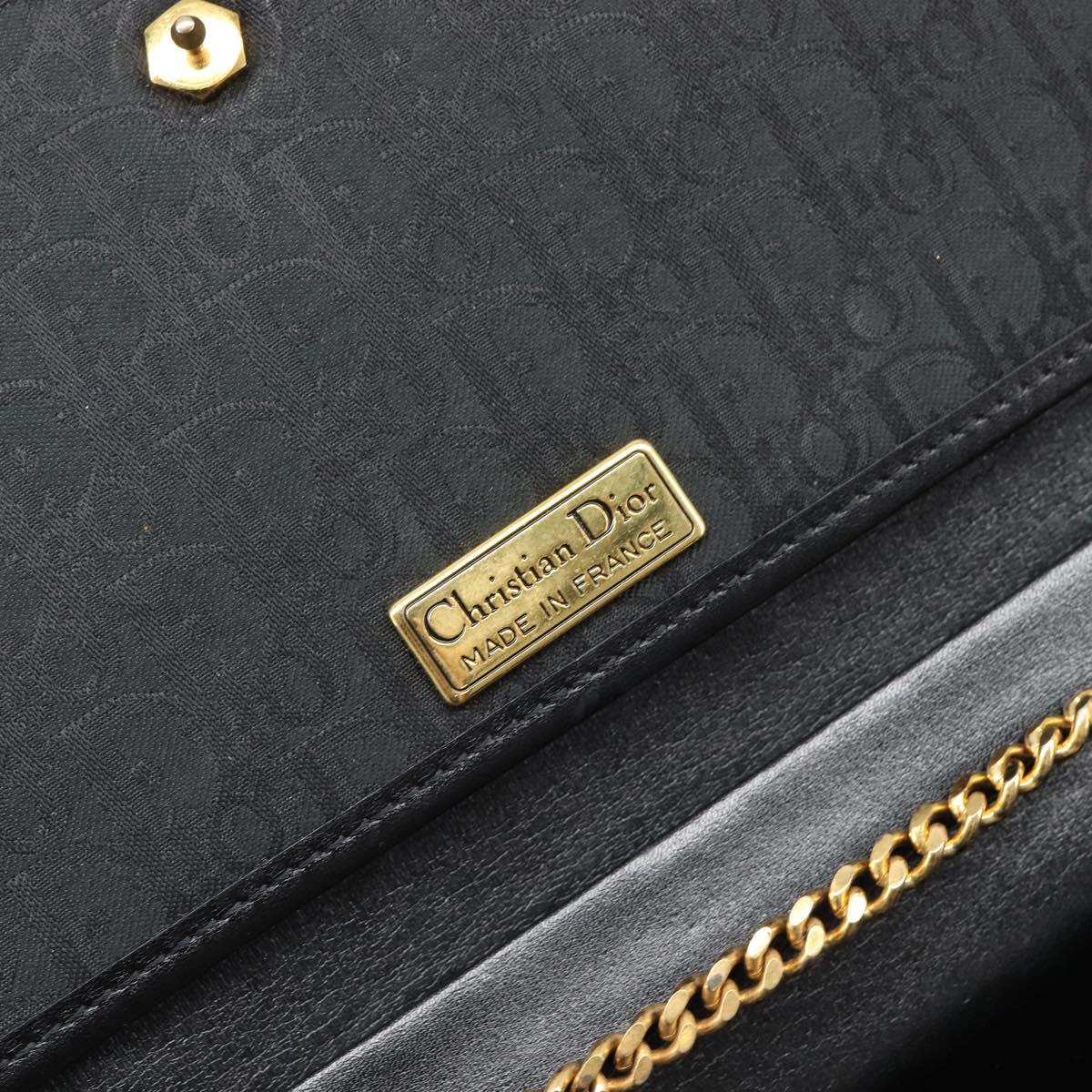 Christian Dior Trotter Canvas Chain Shoulder Bag Black Gold Auth 203456