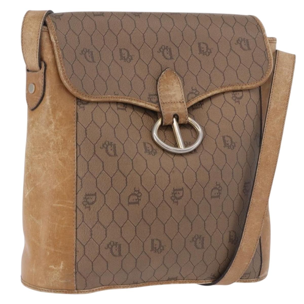 Christian Dior Honeycomb Canvas Shoulder Bag PVC Beige Gold Auth 203461