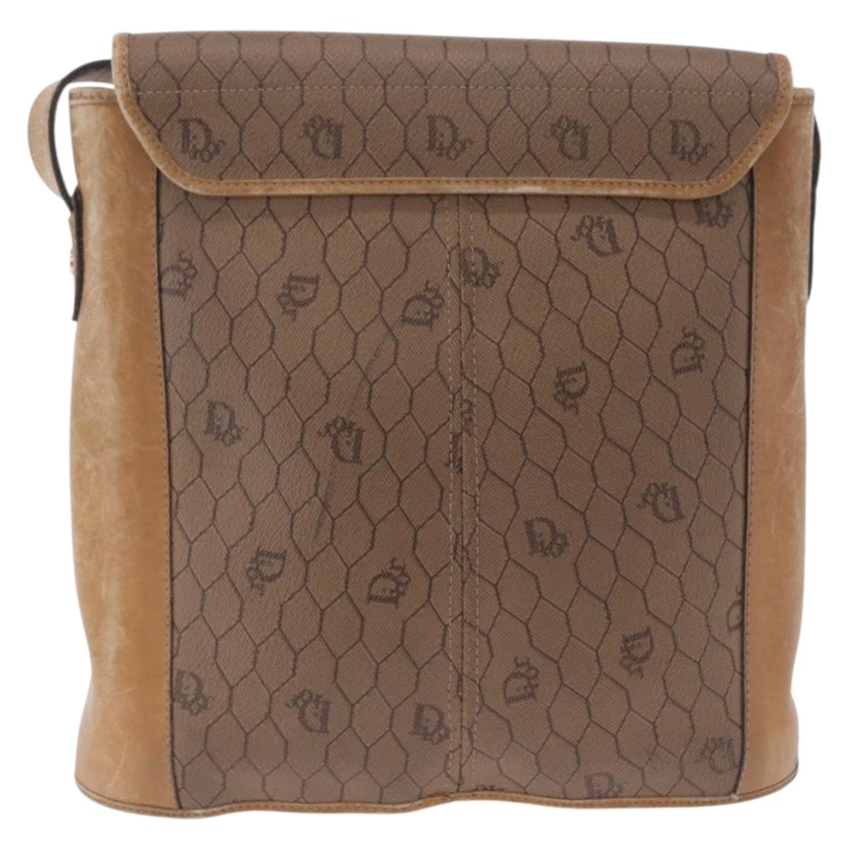 Christian Dior Honeycomb Canvas Shoulder Bag PVC Beige Gold Auth 203461