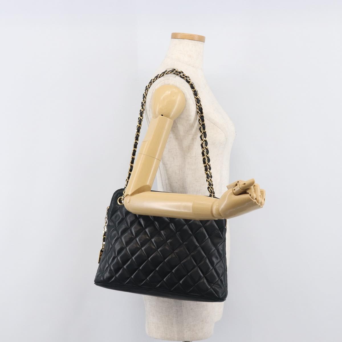 CHANEL Matelasse Chain Shoulder Bag Lamb Skin Black Gold CC Auth 203481V
