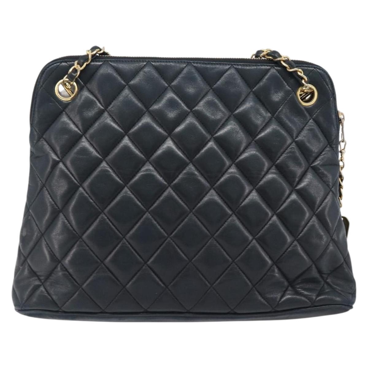 CHANEL Matelasse Chain Shoulder Bag Lamb Skin Black Gold CC Auth 203481V