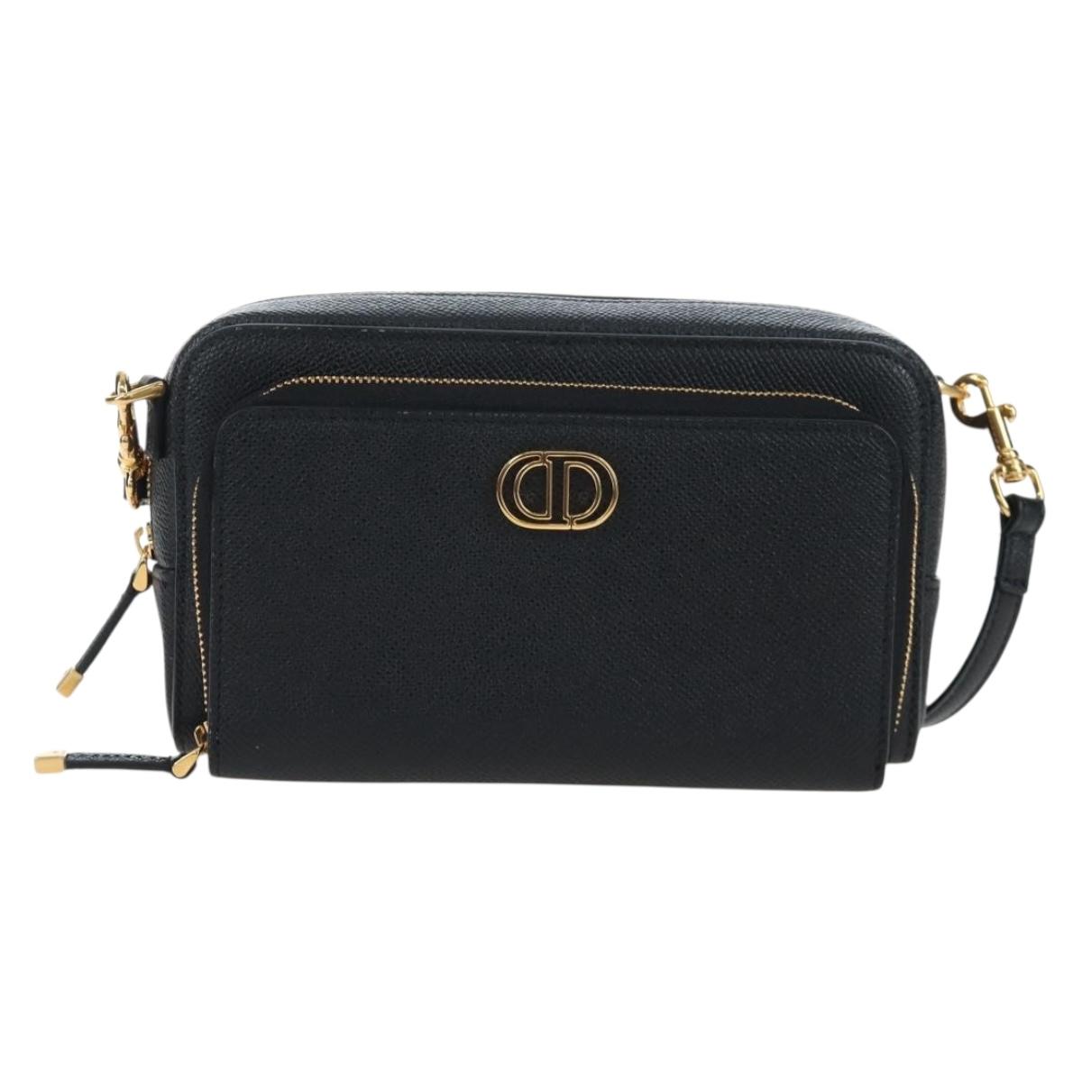 Christian Dior Karo Double Pouch Shoulder Bag Leather Black Gold Auth 203485M