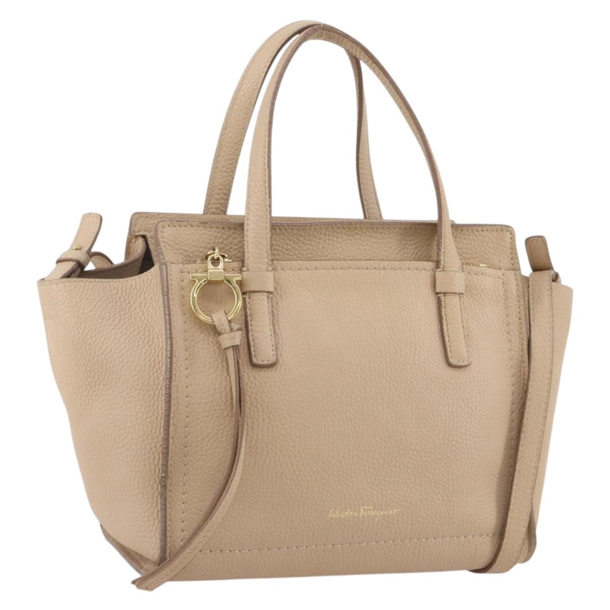 Salvatore Ferragamo Gancini Hand Bag Leather 2way Beige Gold Auth 203581