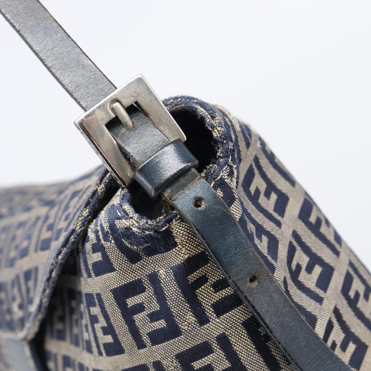 FENDI Zucchino Canvas Mamma Baguette Shoulder Bag Navy Silver Auth 203602