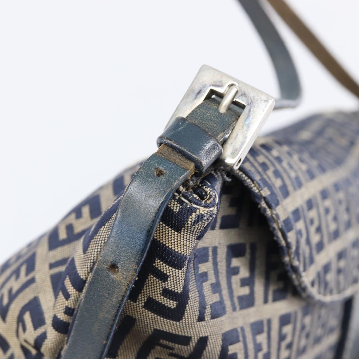 FENDI Zucchino Canvas Mamma Baguette Shoulder Bag Navy Silver Auth 203602