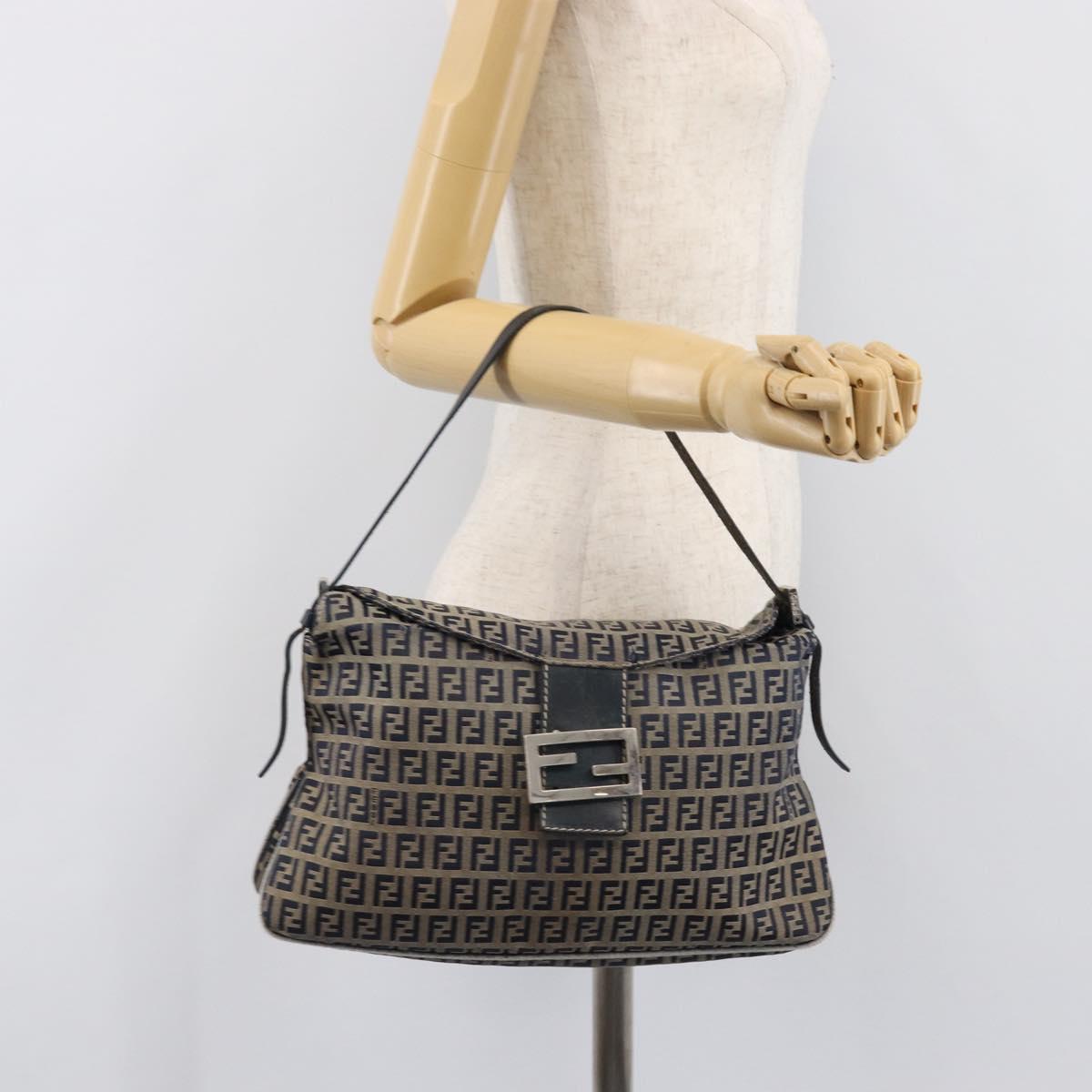 FENDI Zucchino Canvas Mamma Baguette Shoulder Bag Navy Silver Auth 203602