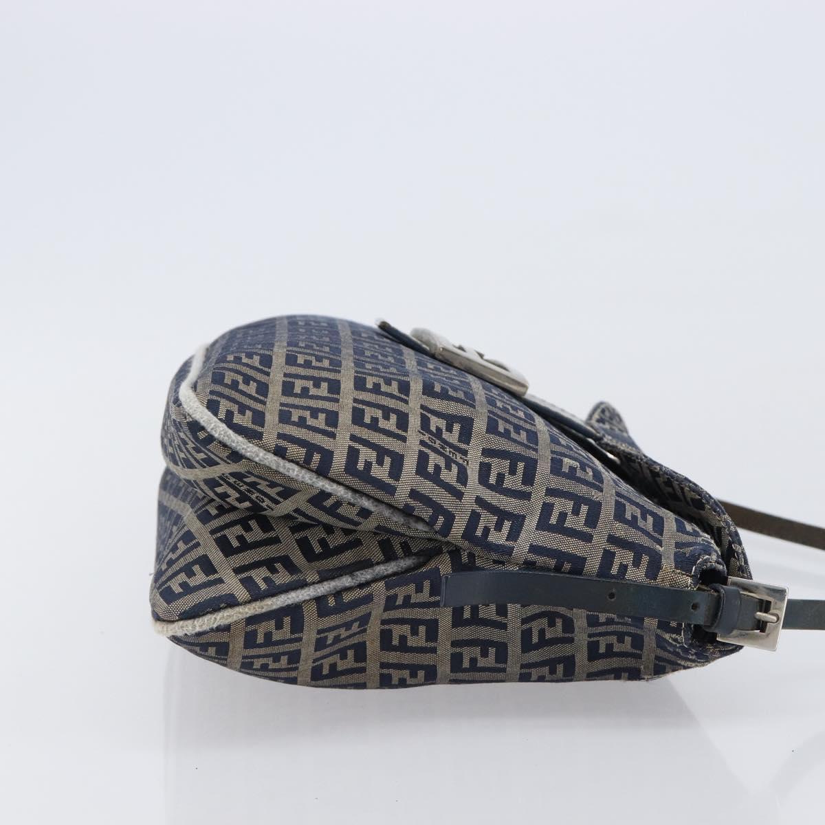 FENDI Zucchino Canvas Mamma Baguette Shoulder Bag Navy Silver Auth 203602
