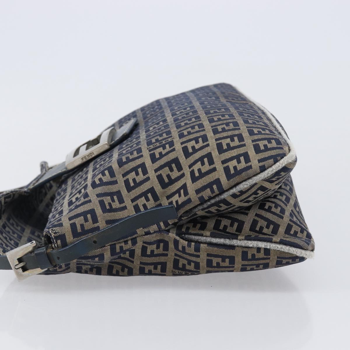 FENDI Zucchino Canvas Mamma Baguette Shoulder Bag Navy Silver Auth 203602