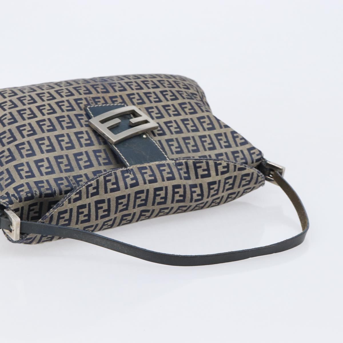 FENDI Zucchino Canvas Mamma Baguette Shoulder Bag Navy Silver Auth 203602