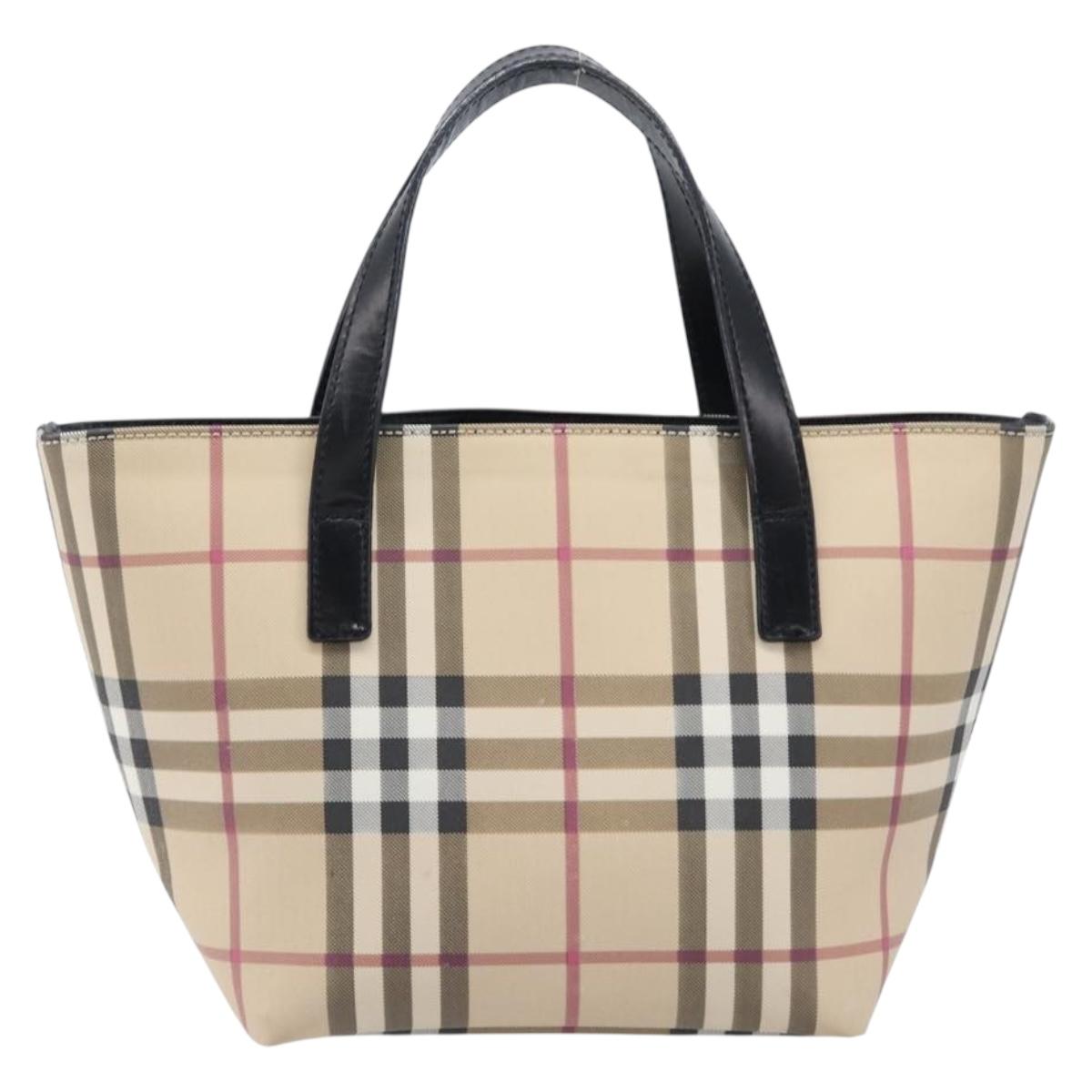 BURBERRY Nova Check Hand Bag PVC Beige Silver Auth 203614