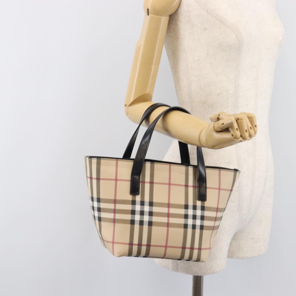 BURBERRY Nova Check Hand Bag PVC Beige Silver Auth 203614