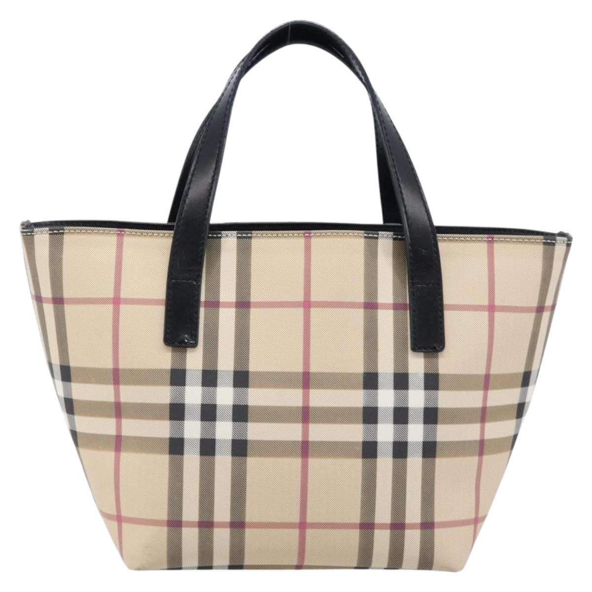 BURBERRY Nova Check Hand Bag PVC Beige Silver Auth 203614