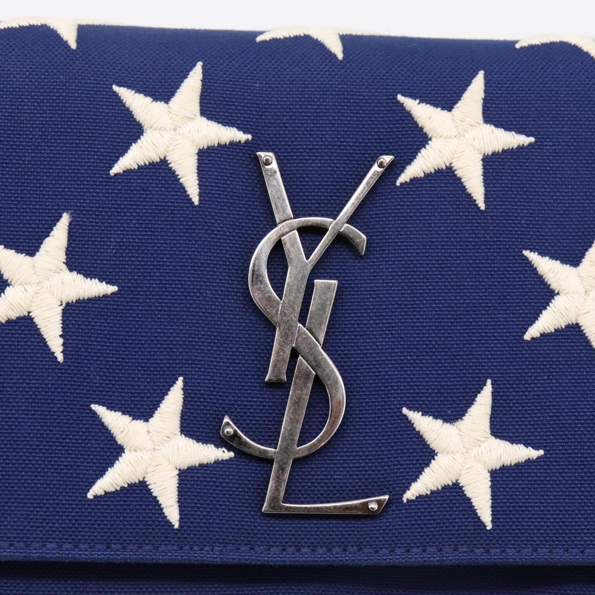 SAINT LAURENT Cassandra Chain Shoulder Bag Canvas Blue Silver Auth 203616M
