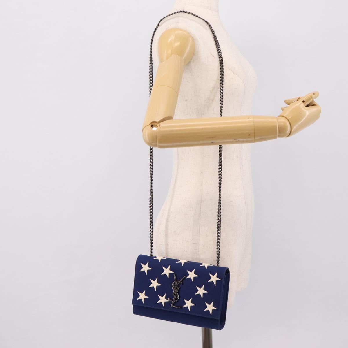 SAINT LAURENT Cassandra Chain Shoulder Bag Canvas Blue Silver Auth 203616M