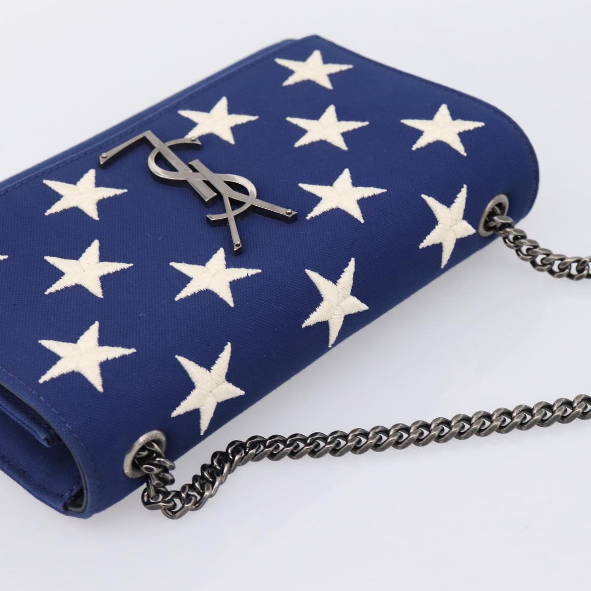 SAINT LAURENT Cassandra Chain Shoulder Bag Canvas Blue Silver Auth 203616M