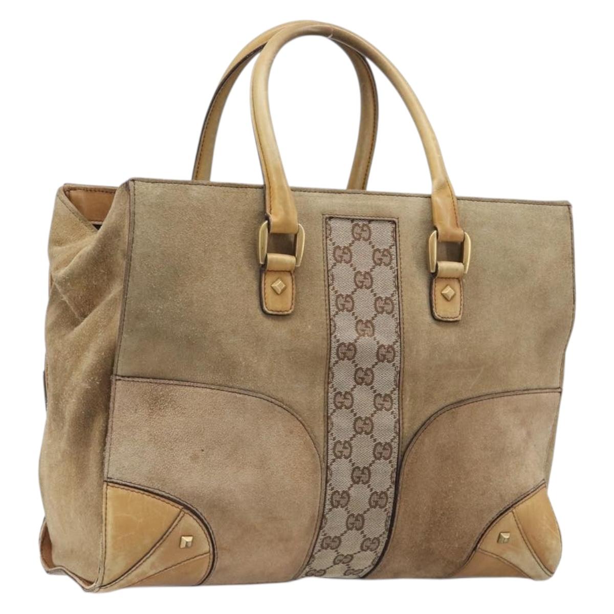 GUCCI GG Canvas Hand Bag Suede Beige Gold 120897 Auth 203634