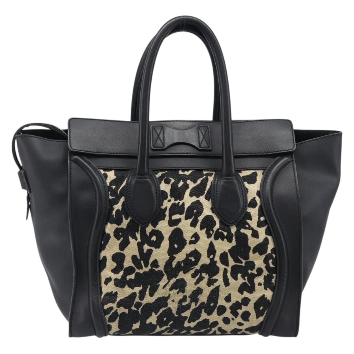 CELINE Luggage Mini Shopper Hand Bag Canvas Leather Black Gold Auth 203648A