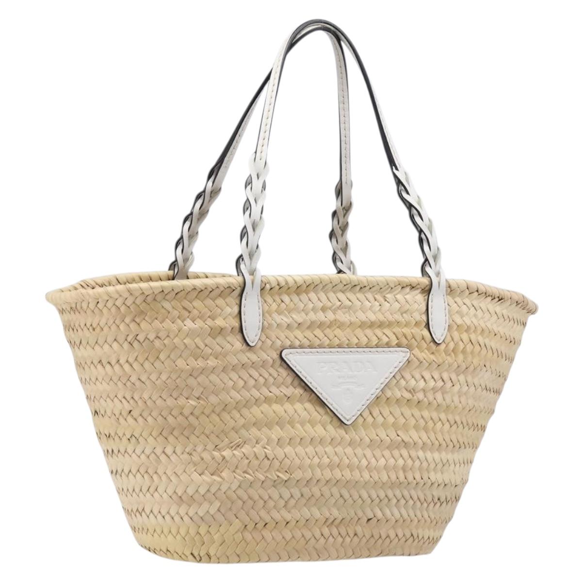 PRADA Woven Palm Tote Bag Raffia Beige Auth 203649M