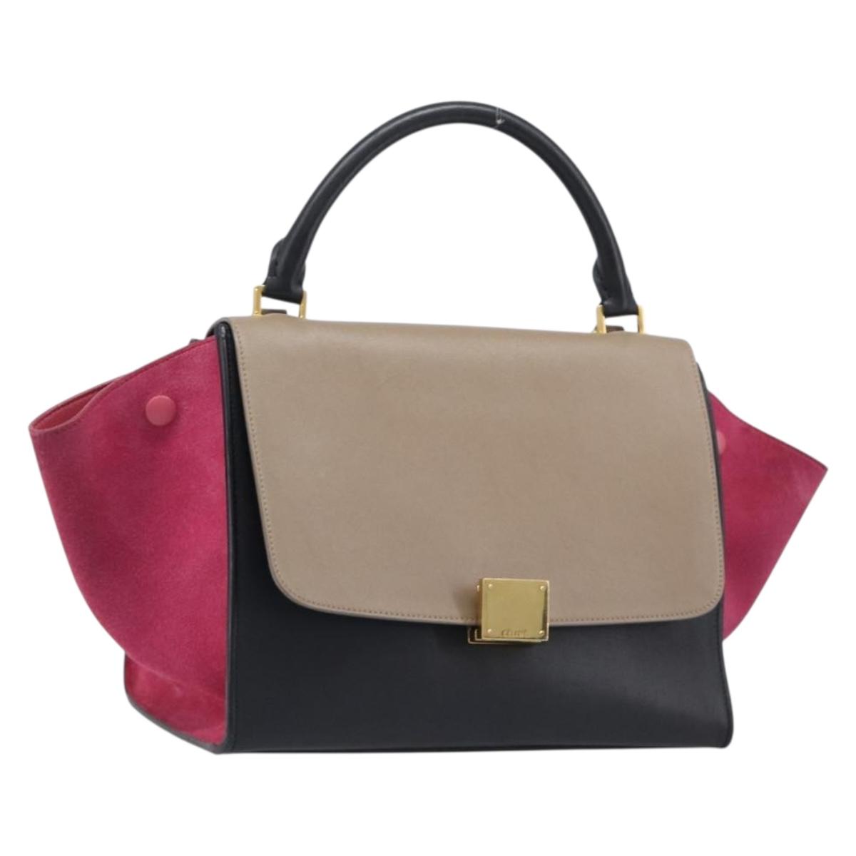 CELINE Trapeze Hand Bag Leather 2way Beige Gold Auth 203653