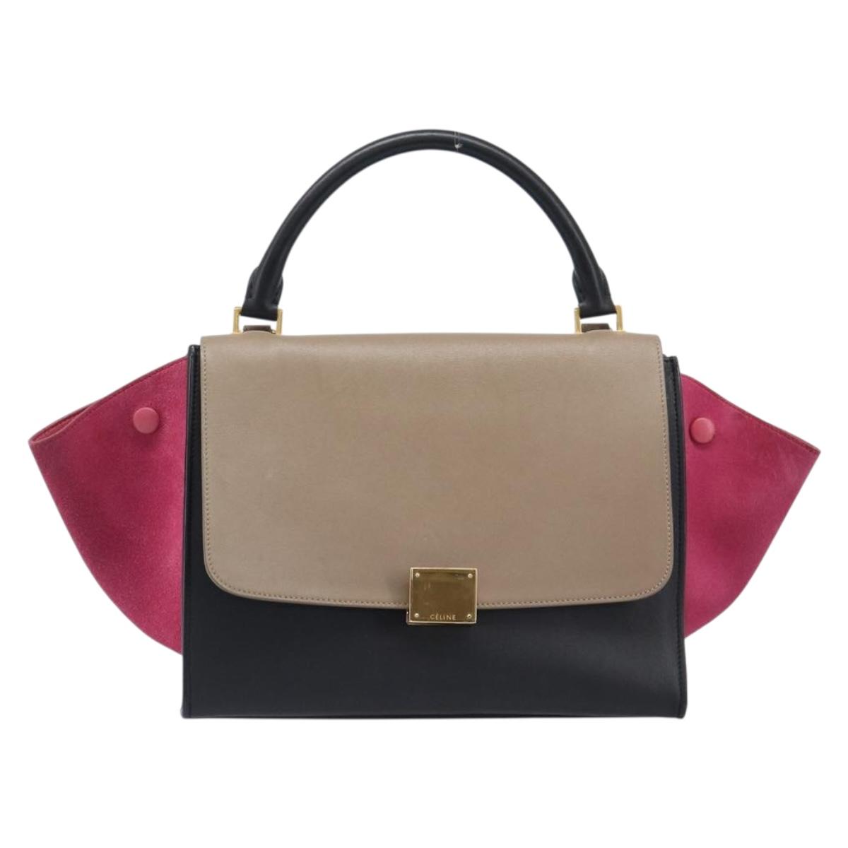 CELINE Trapeze Hand Bag Leather 2way Beige Gold Auth 203653