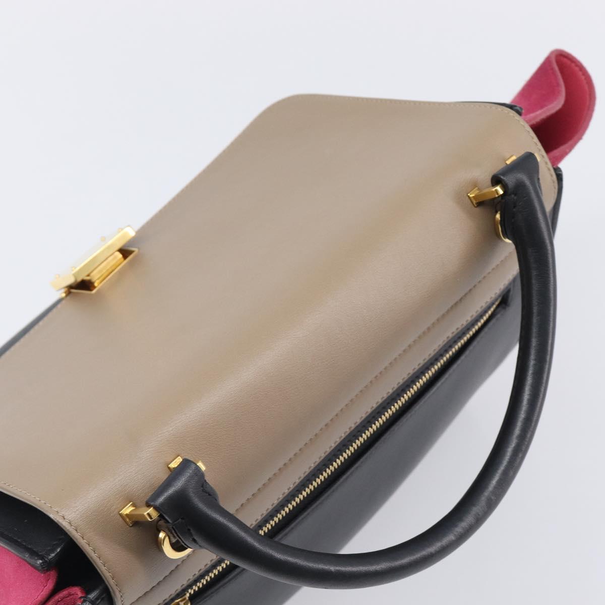 CELINE Trapeze Hand Bag Leather 2way Beige Gold Auth 203653