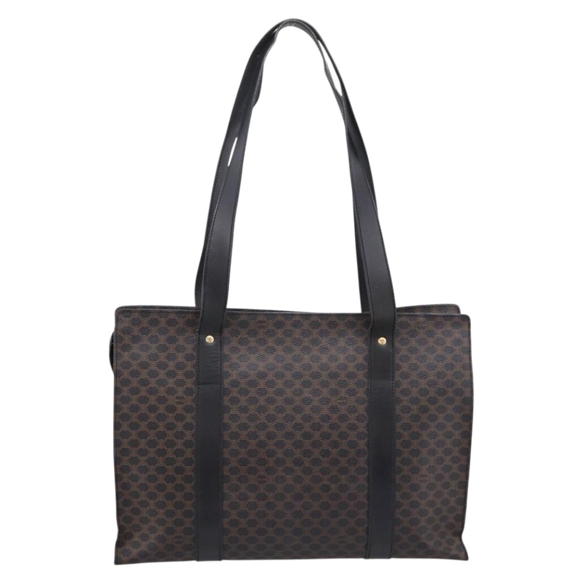 CELINE Macadam Canvas Tote Bag PVC Leather Black Gold Auth 203654A