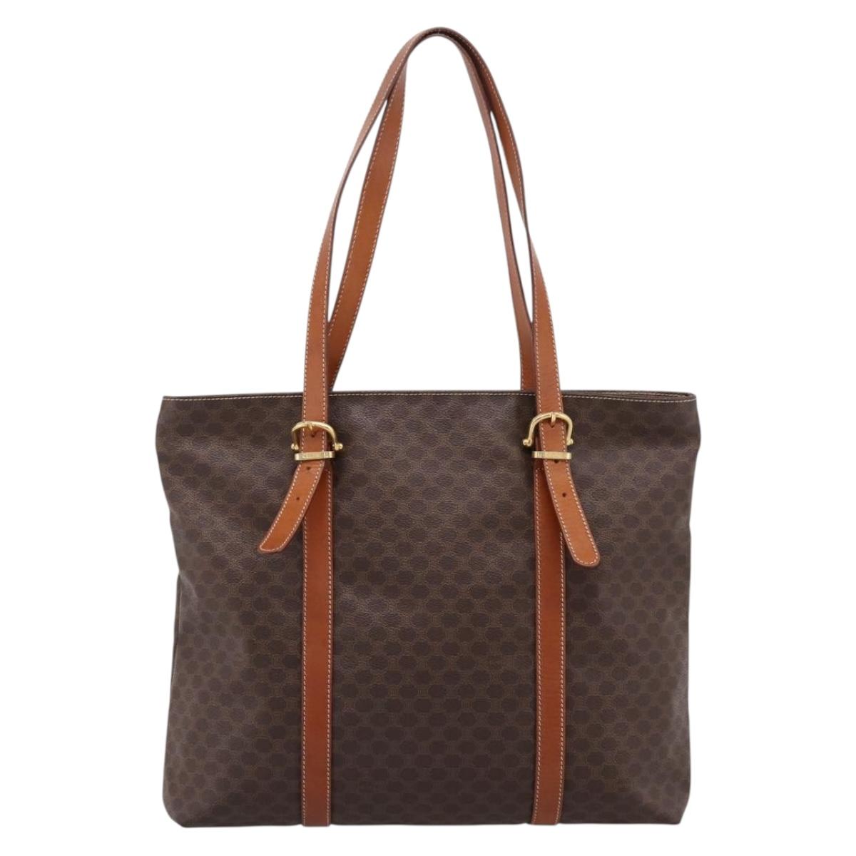 CELINE Macadam Canvas Tote Bag PVC Leather Brown Gold Auth 203674A