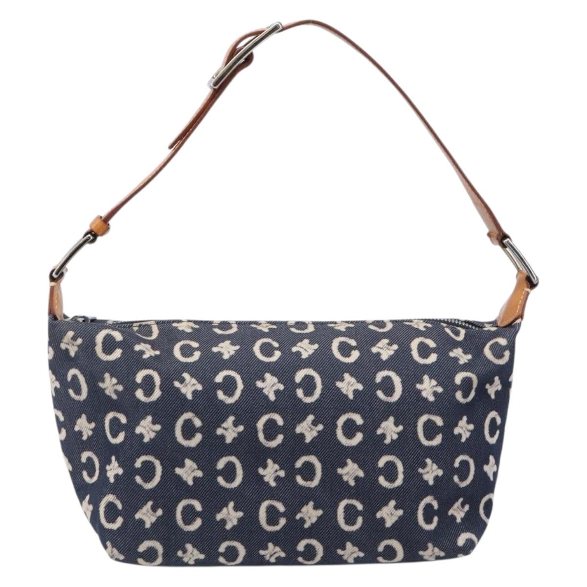 CELINE Paris Macadam Canvas Shoulder Bag Denim Navy Silver Auth 203675A