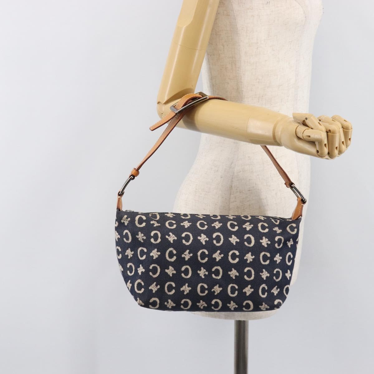 CELINE Paris Macadam Canvas Shoulder Bag Denim Navy Silver Auth 203675A