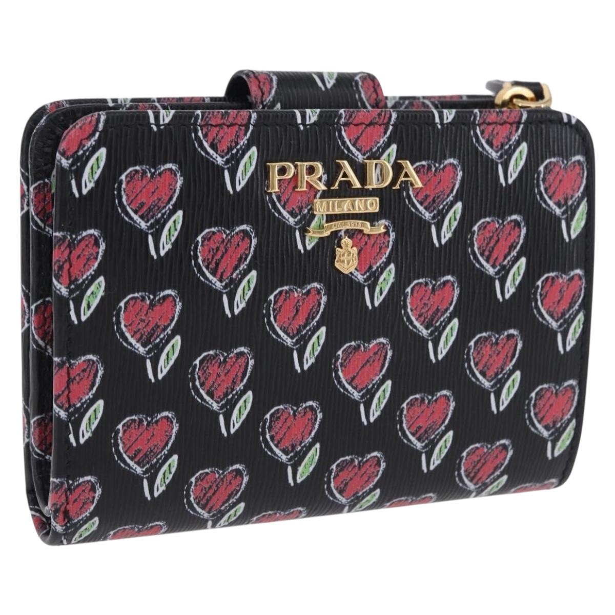 PRADA Compact Wallet Leather Black Gold Auth 203694M