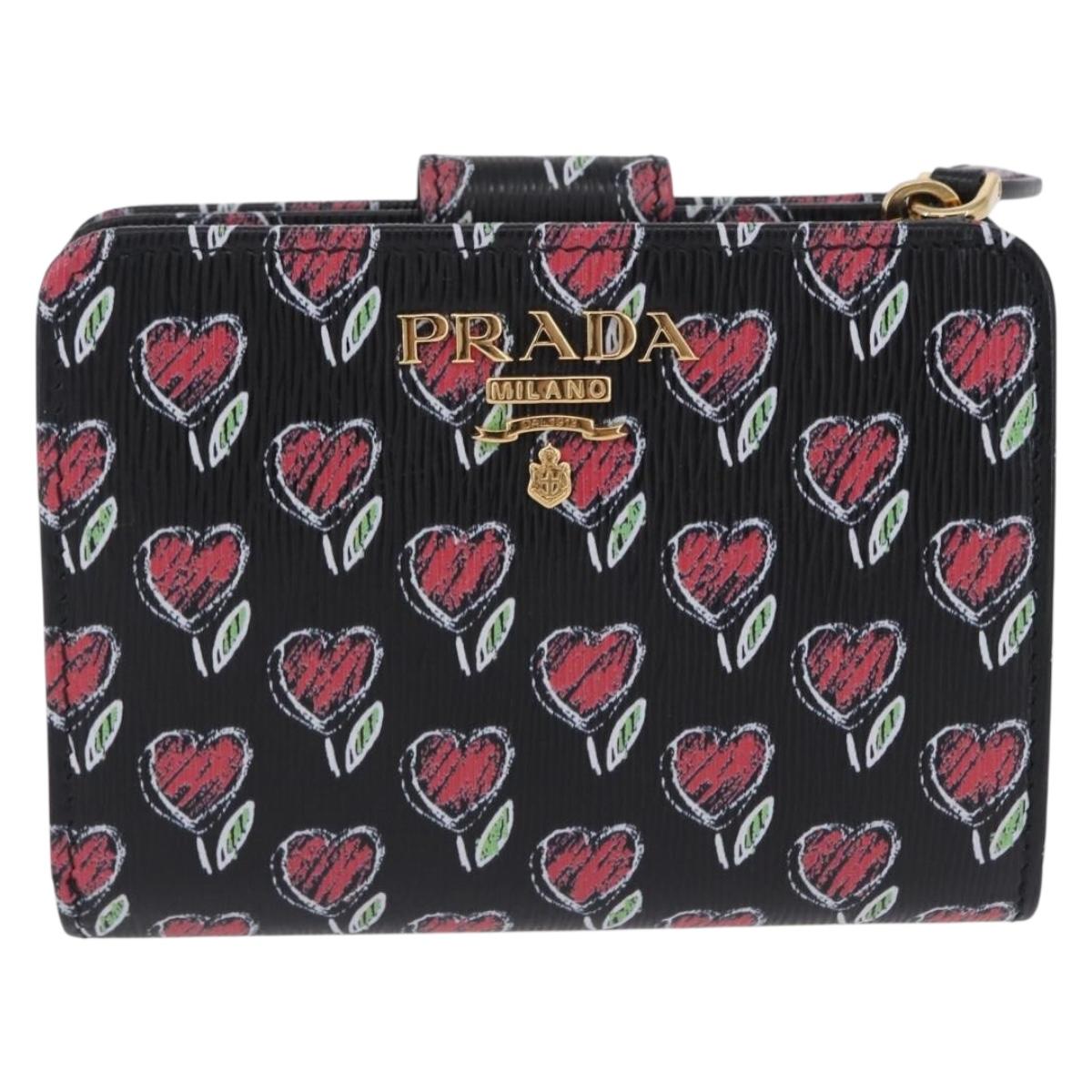 PRADA Compact Wallet Leather Black Gold Auth 203694M
