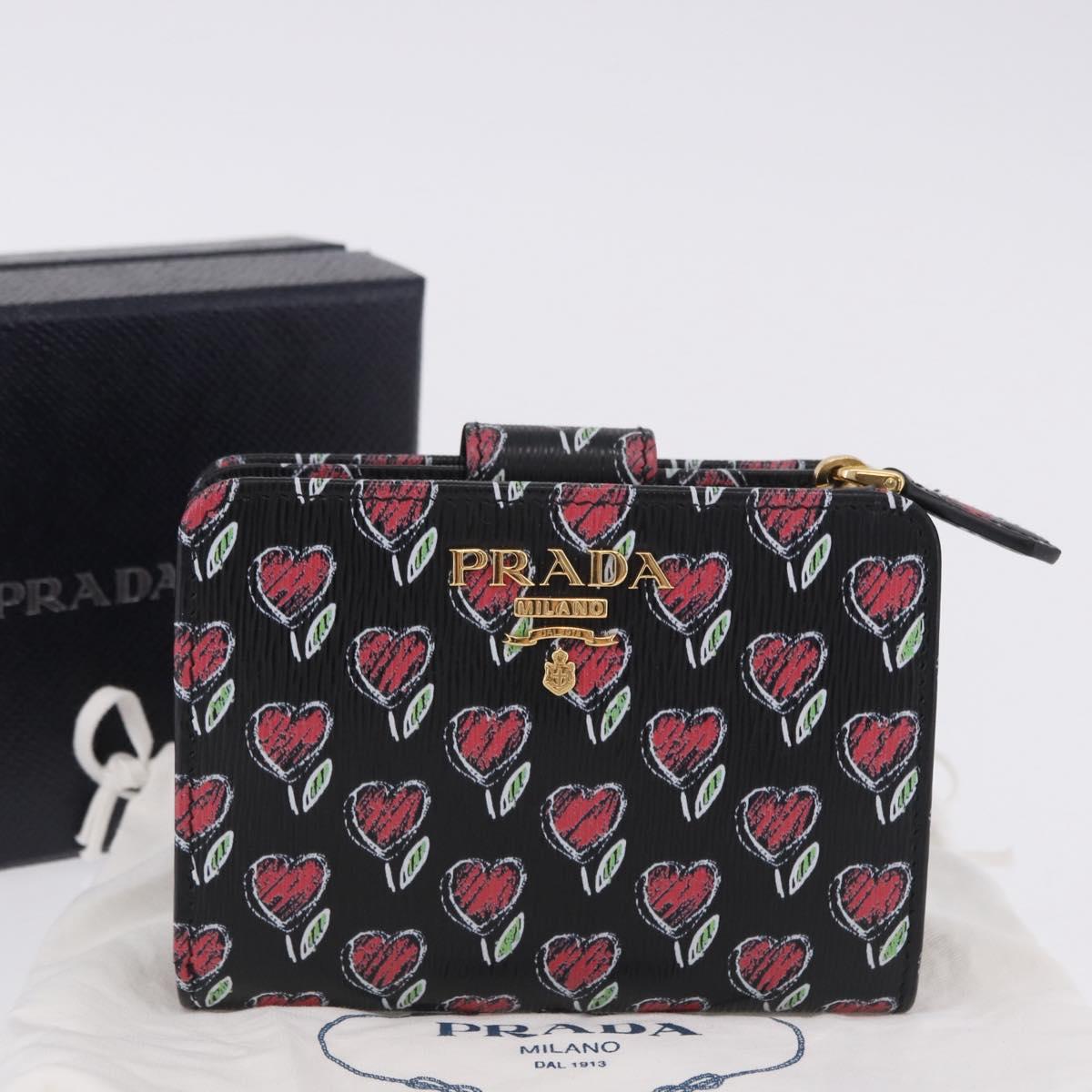 PRADA Compact Wallet Leather Black Gold Auth 203694M