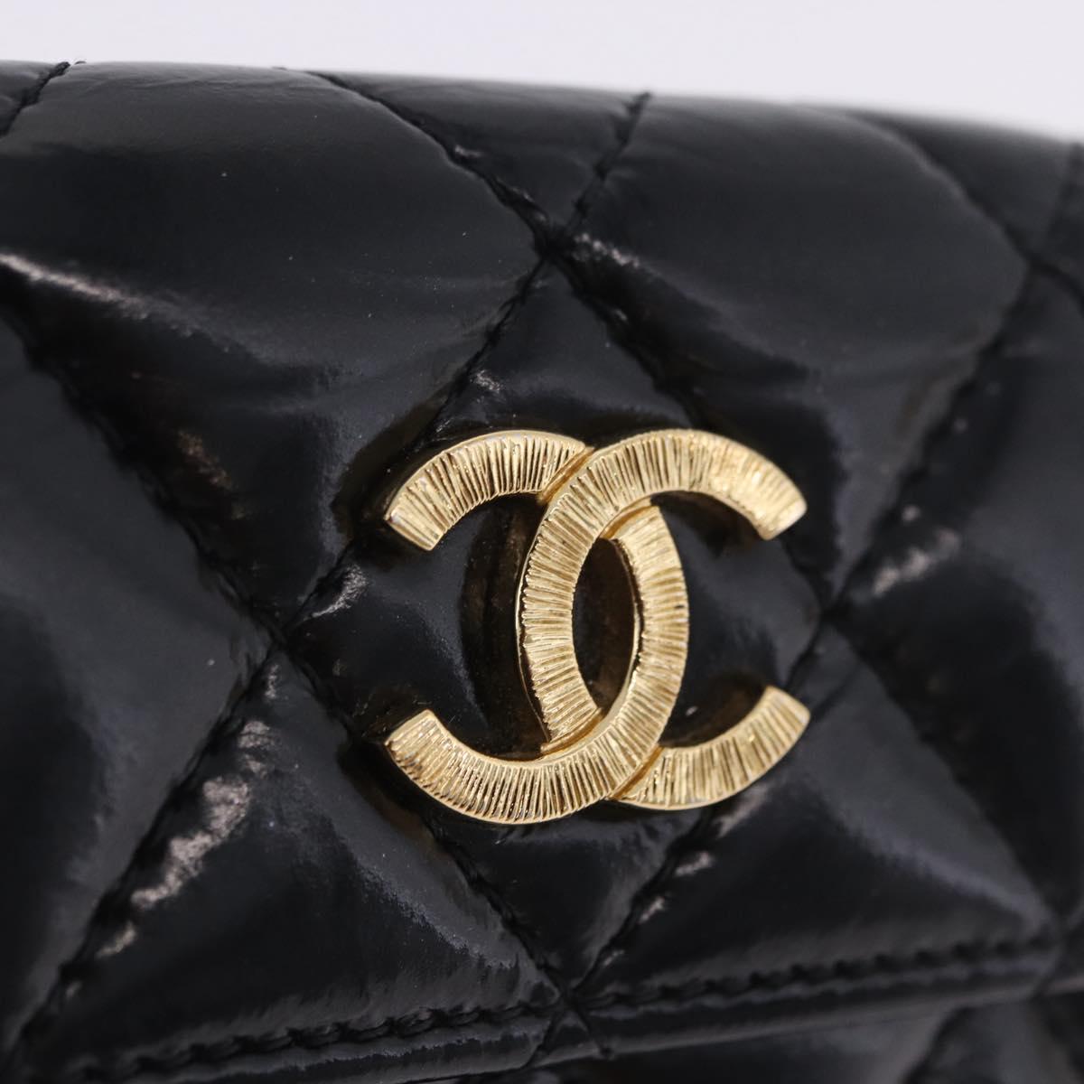 CHANEL Matelasse Compact Wallet Patent Leather Black Gold CC Auth 203711M
