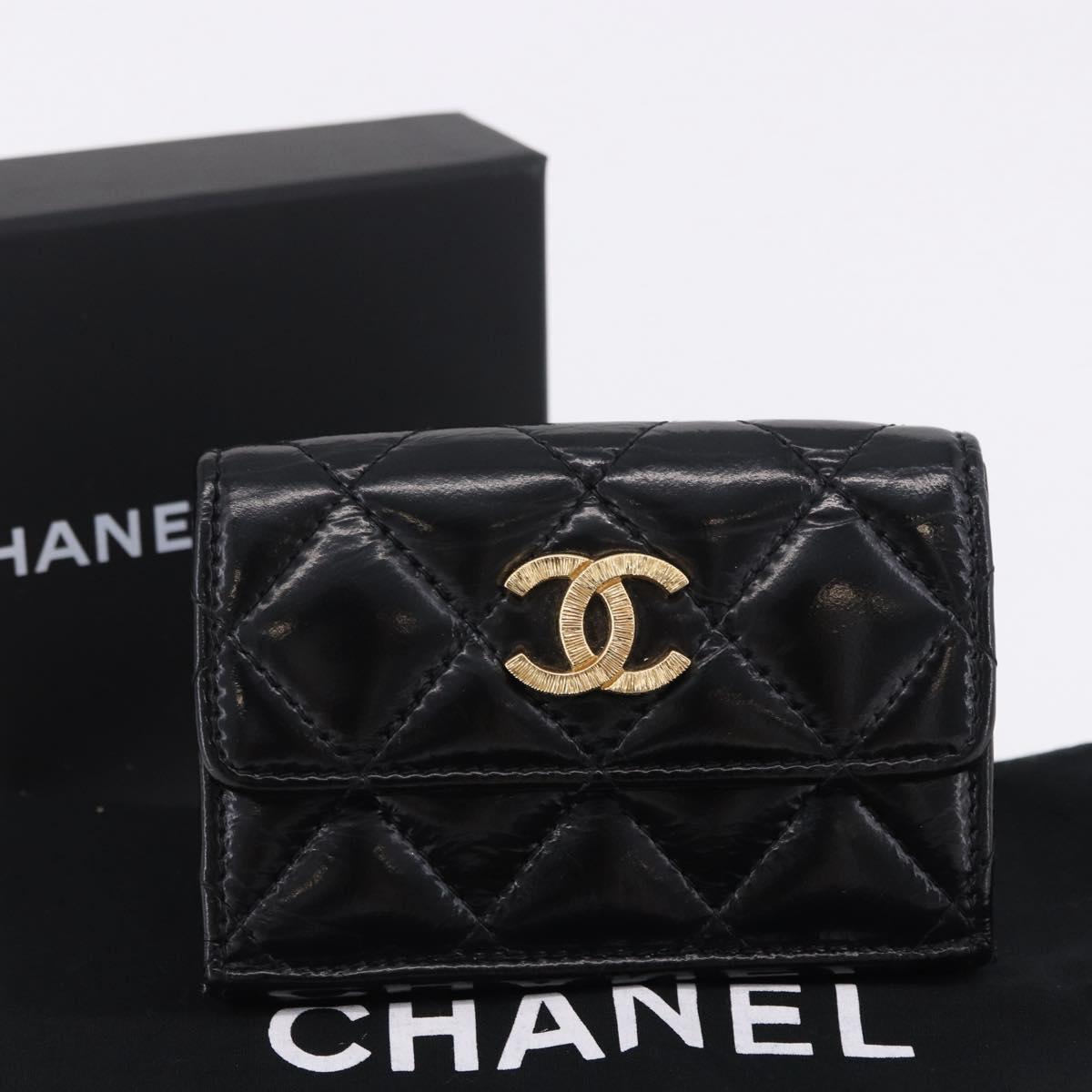 CHANEL Matelasse Compact Wallet Patent Leather Black Gold CC Auth 203711M