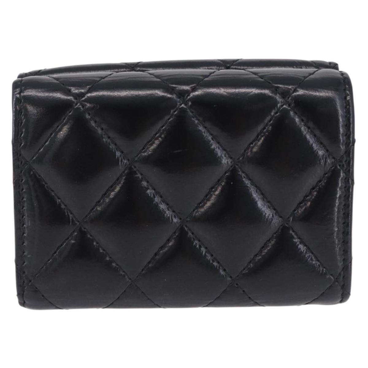 CHANEL Matelasse Compact Wallet Patent Leather Black Gold CC Auth 203711M